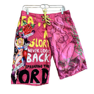 Ed Hardy Christian Audigier Board Shorts Men 32 Surf Die Death Glory Y2K Pinup